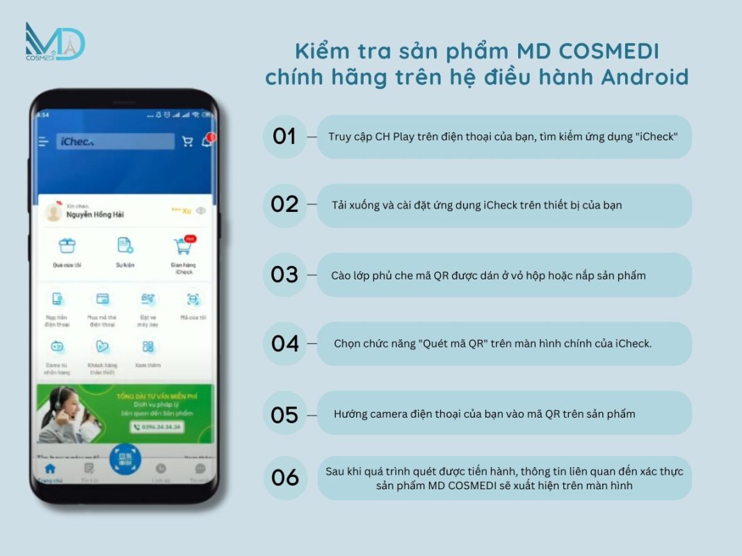 Kiểm tra sản phẩm MD COSMEDI chính hãng trên hệ điều hành Android