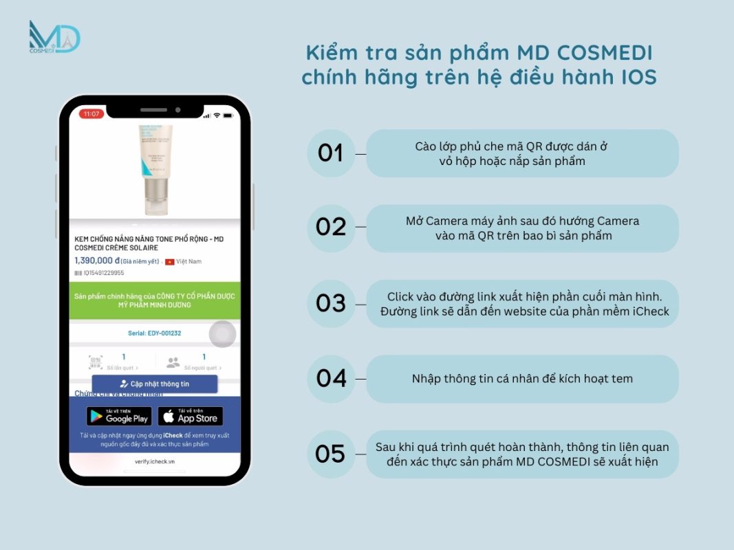 Kiểm tra sản phẩm MD COSMEDI chính hãng trên hệ điều hành IOS